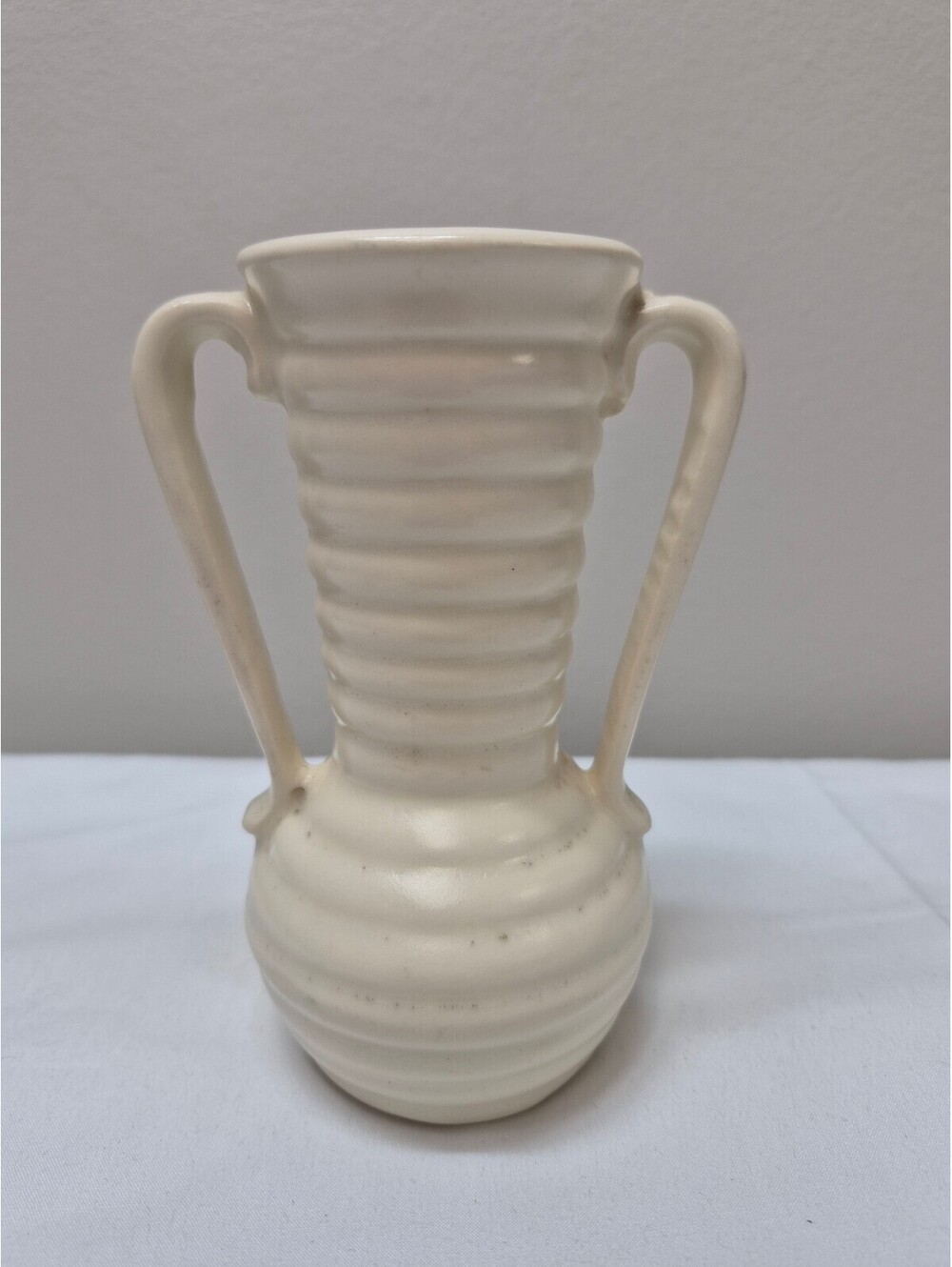 Vintage White Ceramic Ribbed Vase with Dual Handles and USA Marking, J8